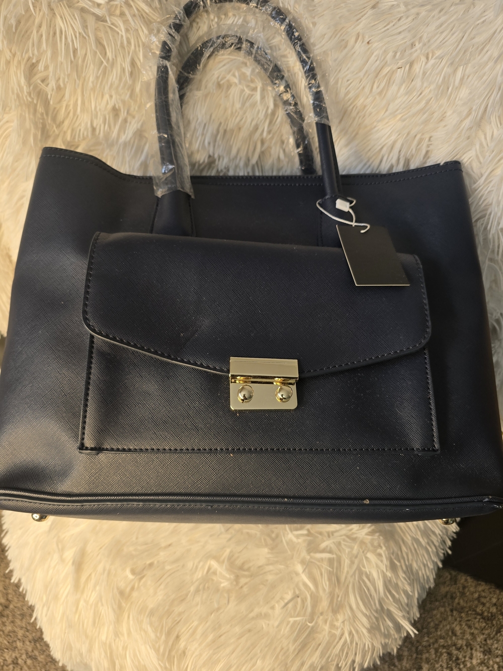Classic Navy Structured Tote Bag with Front Flap Pocket